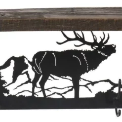Amish Rustic Shelf And Coat Hanger With Elk Design